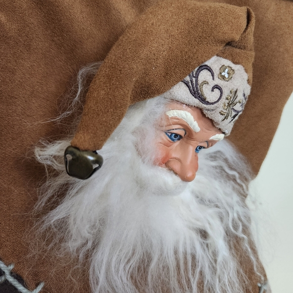 3D Santa Claus Sculpture Christmas Stocking Brown Faux Suede Embroidered - Picture 4 of 7